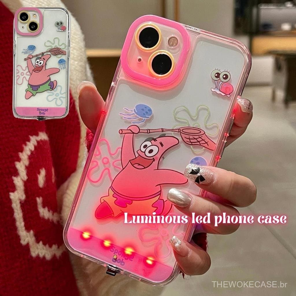Capa de iPhone com LED Brilhante, Design de Desenho Animado Fofo, Tema Patrick Estrela e Bob Esponja, Pode Controlar a L
