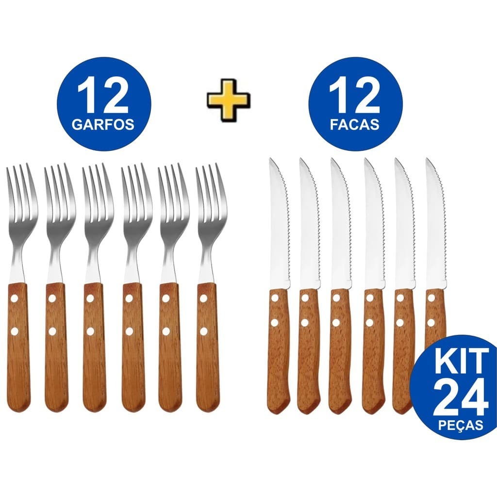 Kit 24 Peças Jogo de Talher 12 Garfos Facas de Inox com Cabo de Madeira Faqueiro Jogo Conjunto