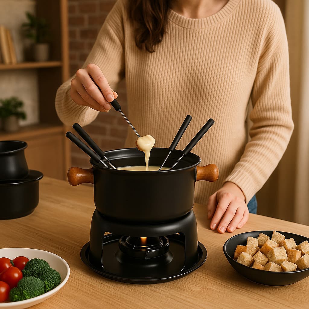 Conjunto Fondue Preto Panela Queijo Carne Chocolate Recipiente Aquecer Quente Garfo Jantar Romântico