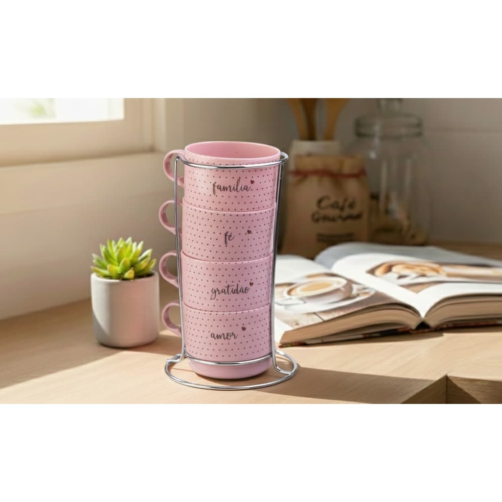 Kit 4 Xícaras Acrílico 210ml Café Chá Cafezinho com Suporte Decorado Frases