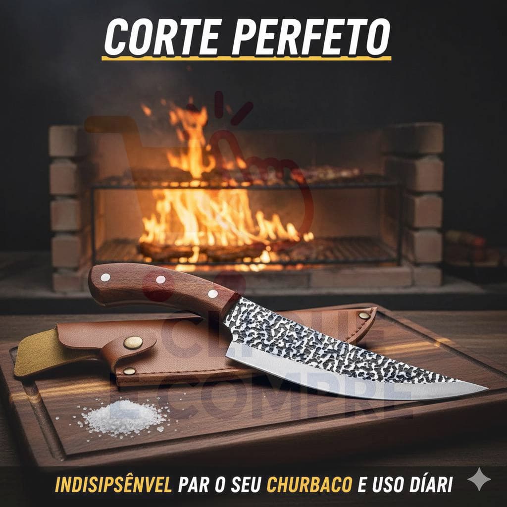 Faca Rústica Aço Inox com Bainha Couro Churrasco, Camping e Cozinha Faca Artesanal