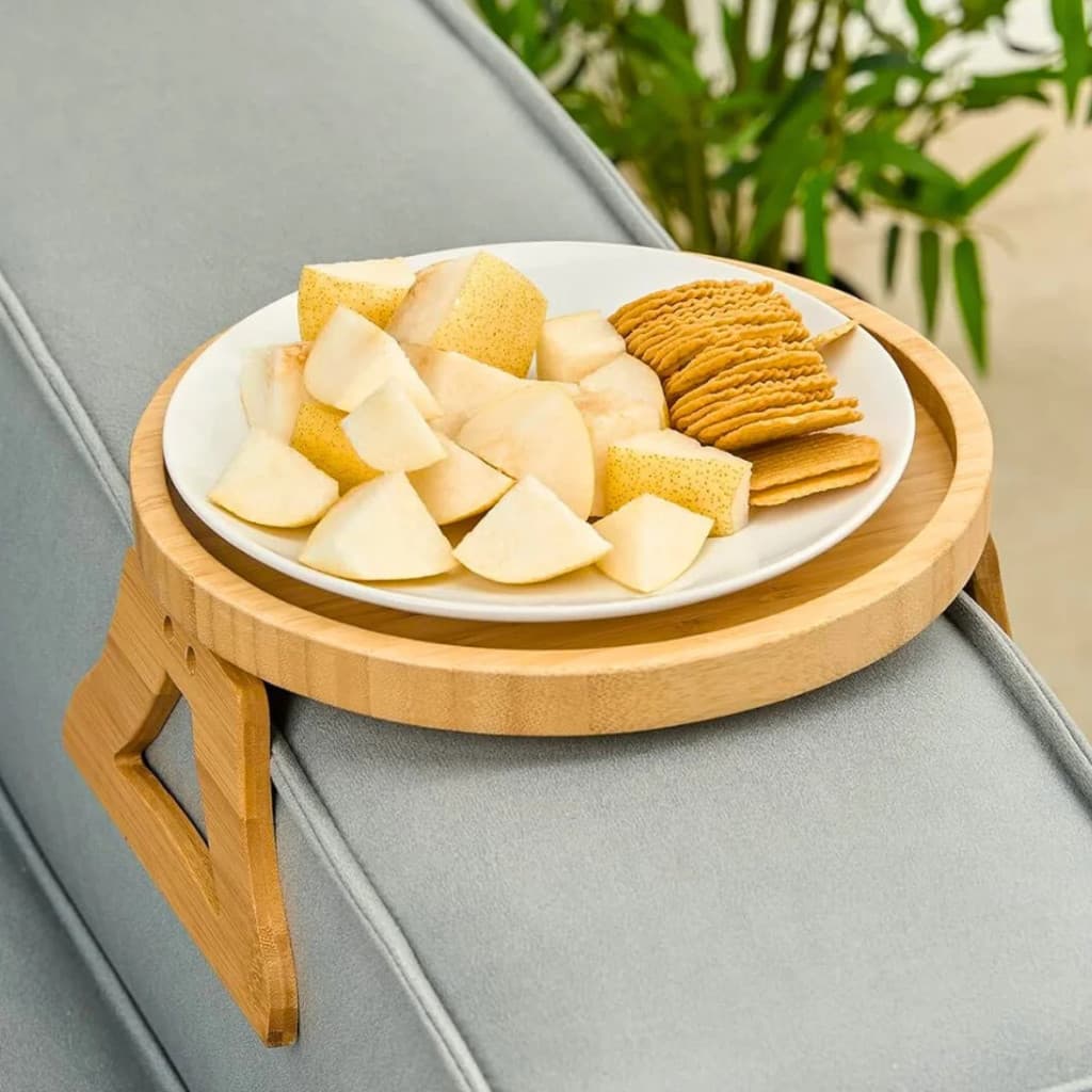 BANDEJA BRACO SOFA BAMBU REDONDO PORTA COPOS DOBRAVEL
