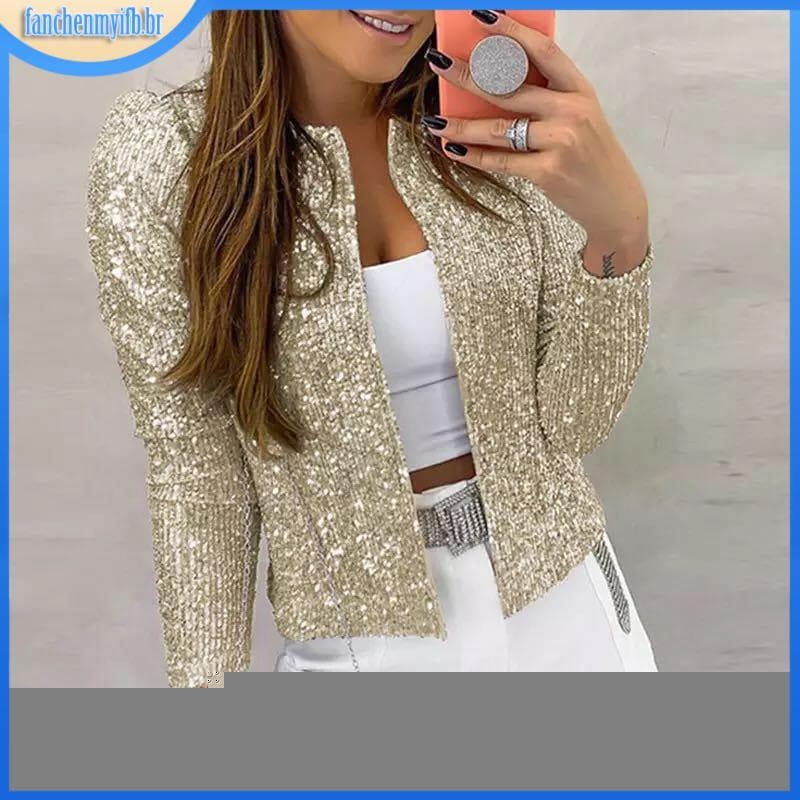 Casual Casaco Feminino Frontal Aberto Com Lantejoulas