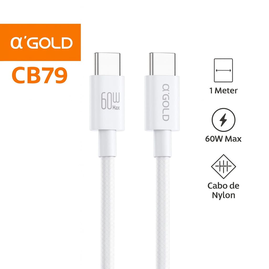 A'Gold CB79 Cabo Tipo-C para Tipo-C 60W Turbo carga rapida reçorçado nailon 1 metro premium branco
