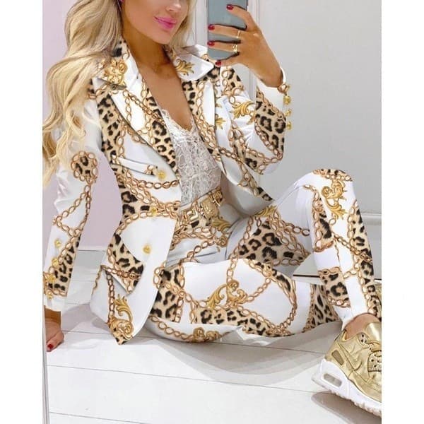 Blazer E Calças Para Mulheres Outono Manga Longa Conjunto De Duas Peças Moda Impressão Roupas Impresso Terno KM62 E1L9
