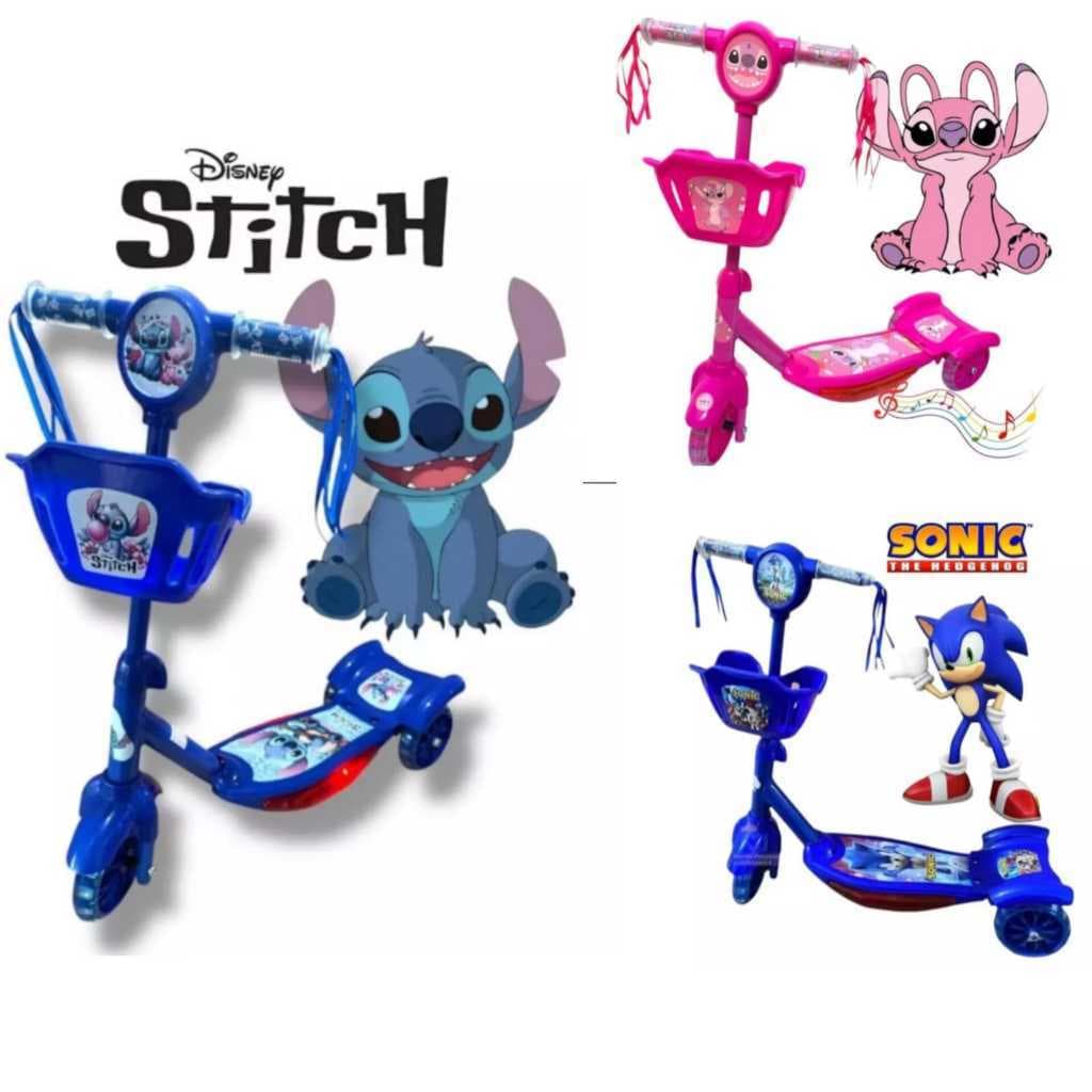 Patinete Infantil 3 Rodas Cesta Luzes Música Vários Personagens Patrulha Canina Frozen Stitch