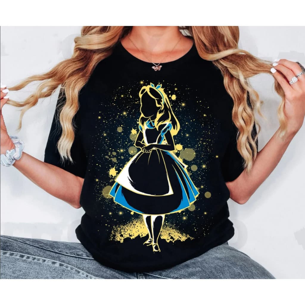 Camiseta Feminina Moderna Em Puro Algodão Com Estampa Da Silhueta De Alice, Do Filme "Alice No País Das Maravilhas"