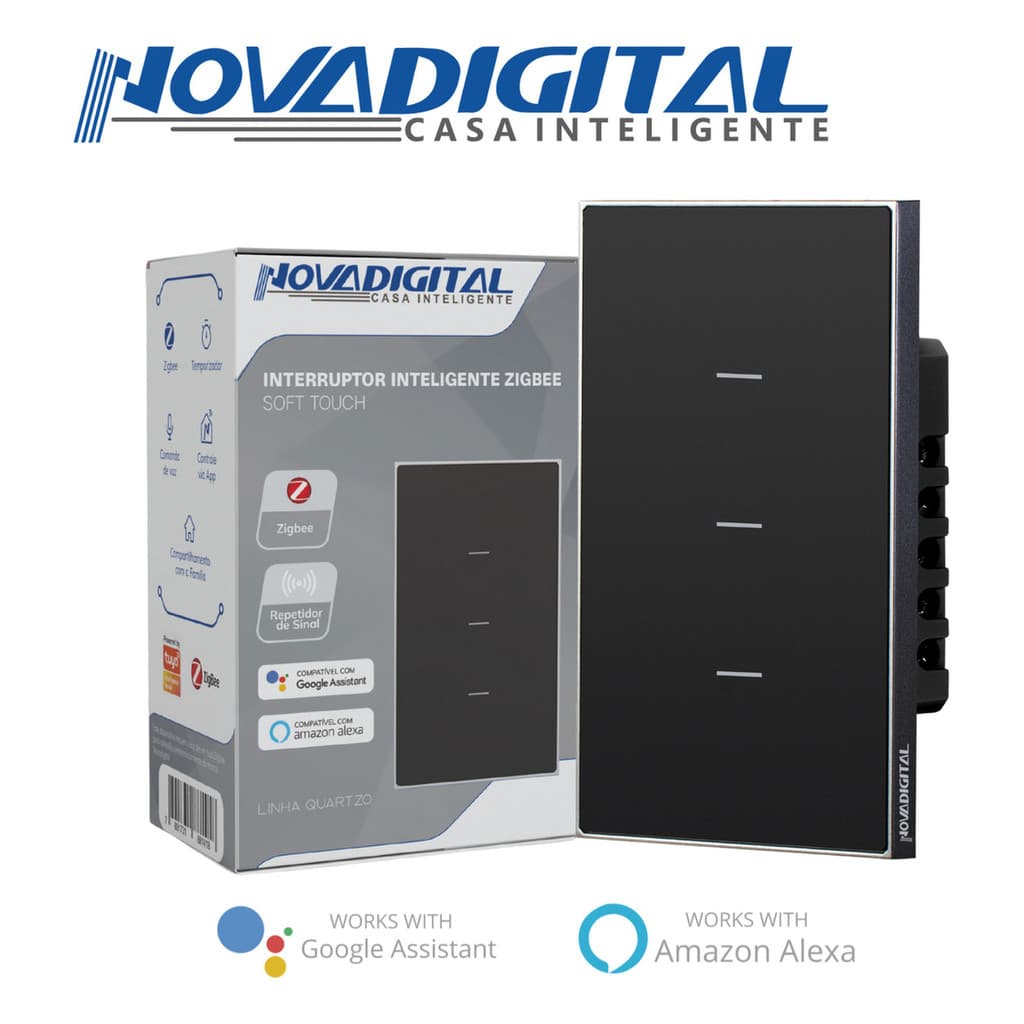 Interruptor Inteligente Zigbee Linha Quartzo Novadigital 10 A 3 Botões Preto QZ-3B