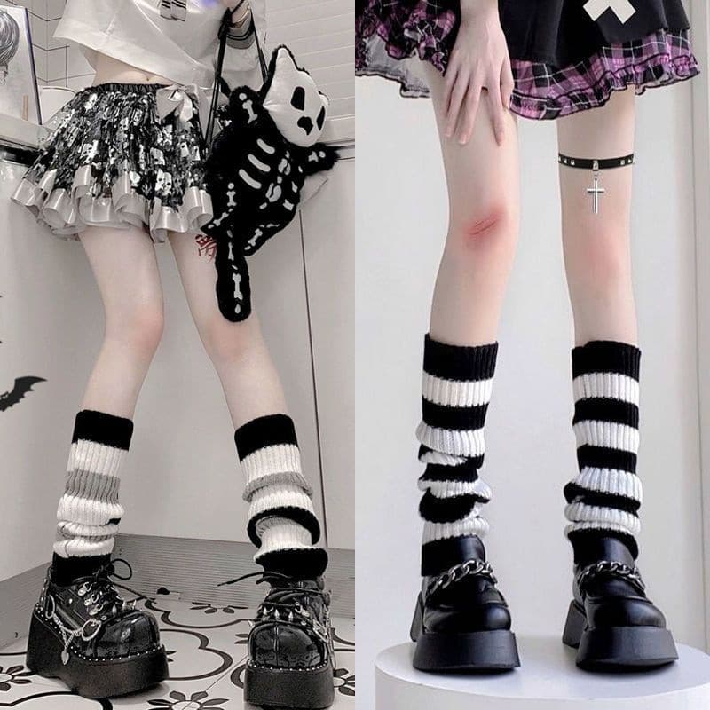 Leggings listradas femininas estilo gótico dos anos 2000, meias Lolita, leggings de malha, inverno japonês, Kawaii, braç