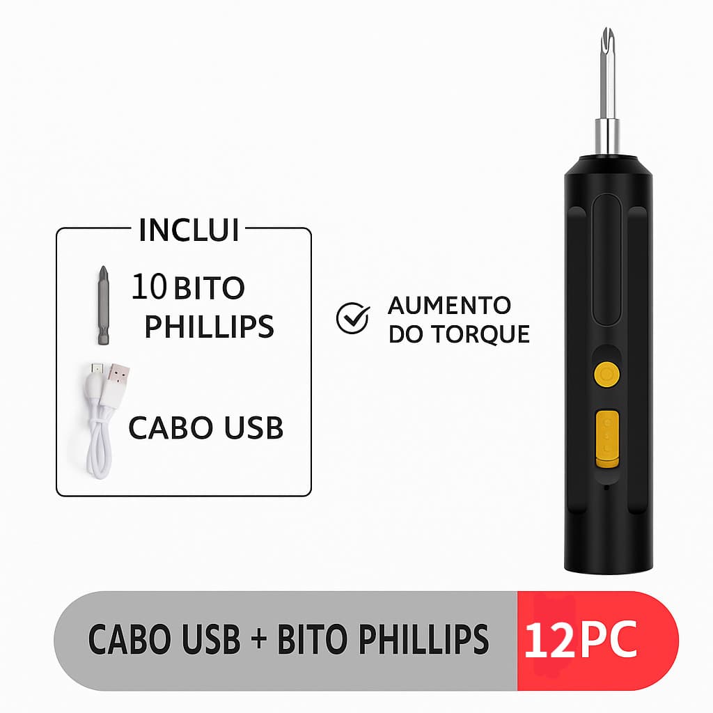 Chave Parafusadeira Elétrica Tipo Caneta 3.7v– 10 Pontas, USB-C, Velocidade 350RPM