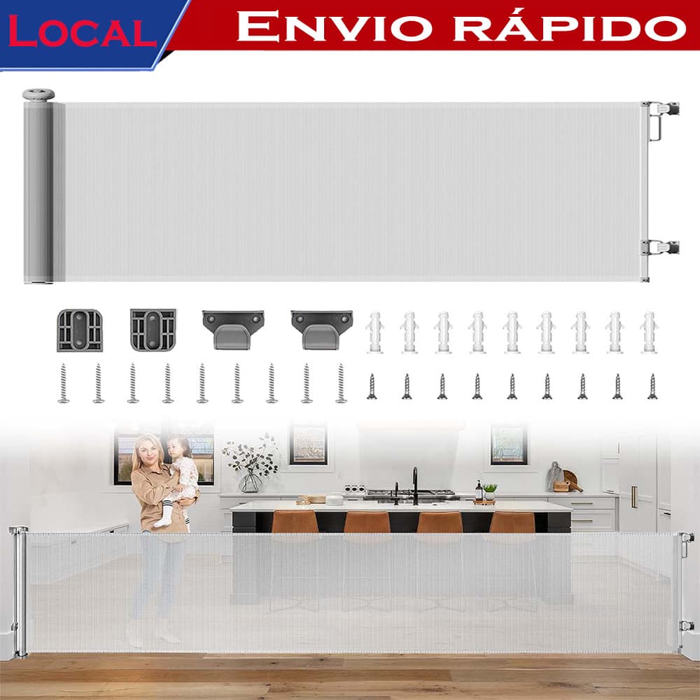 Portão retrátil para bebês 300x86cm Cinza – Grade de Proteção, para Ambientes Internos e Externos, Fácil de Instalar