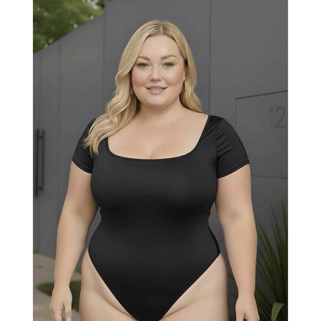 Body Feminino Manga Curta Decote Quadrado Plus Size Suplex Camiseta Modelador Acinturado