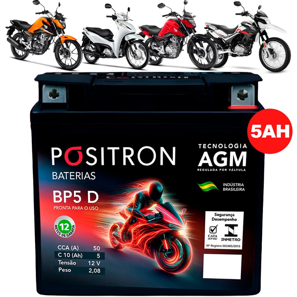 Bateria Para Moto 5a 12V 5ah Compatível com Biz Titan Fan Bros Motocicletas Honda Yamaha Dafra Suzuki Kawasaki -Pósitron