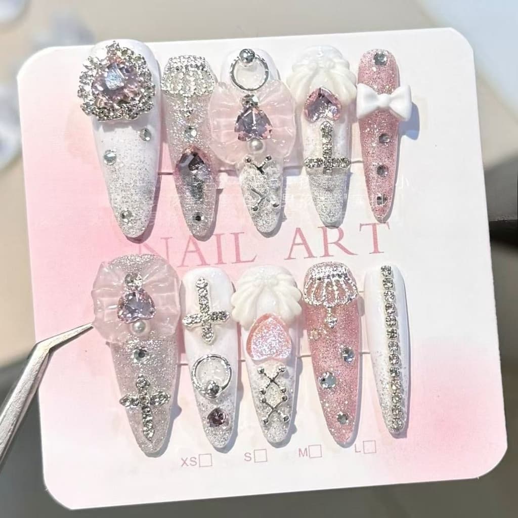 Rosa Jirai Kei Ponta Longa Artesanal Imprensa Em Unhas Y2K Anime Gyaru Arte Do Prego Bonito 3D Cruz Arco Coração Diamant