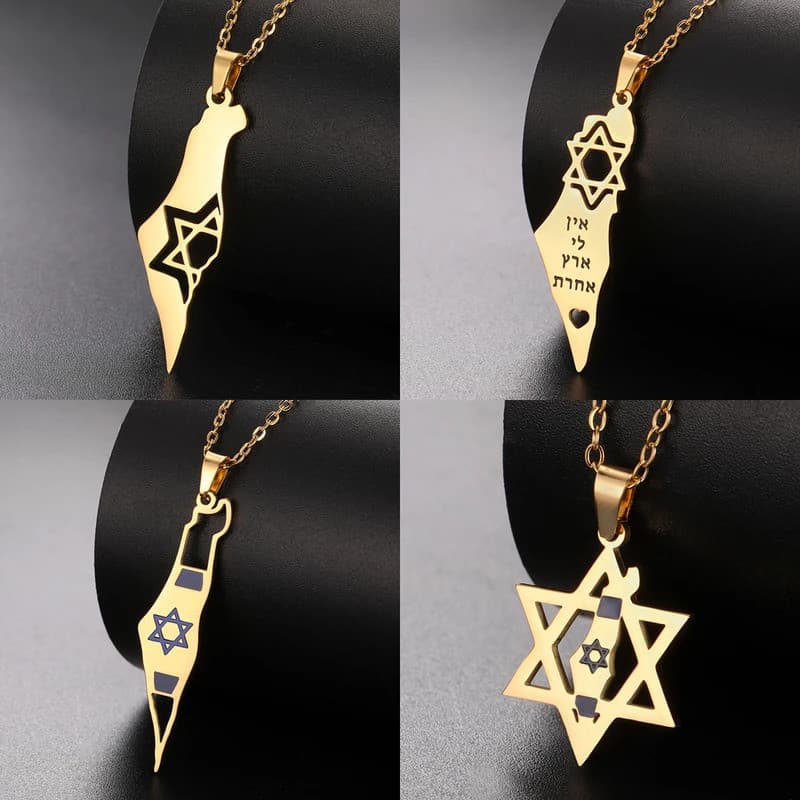 Colares de Mapa de Israel e Palestina para Mulheres e Homens, Aço Inoxidável, Pingente Estrela de Davi em Hebraico, Joia