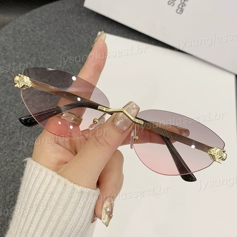 Europa América Triangular Olho De Gato Óculos De Sol Sem Moldura Para Mulheres Moda Lentes Gradientes De Metal Resistent