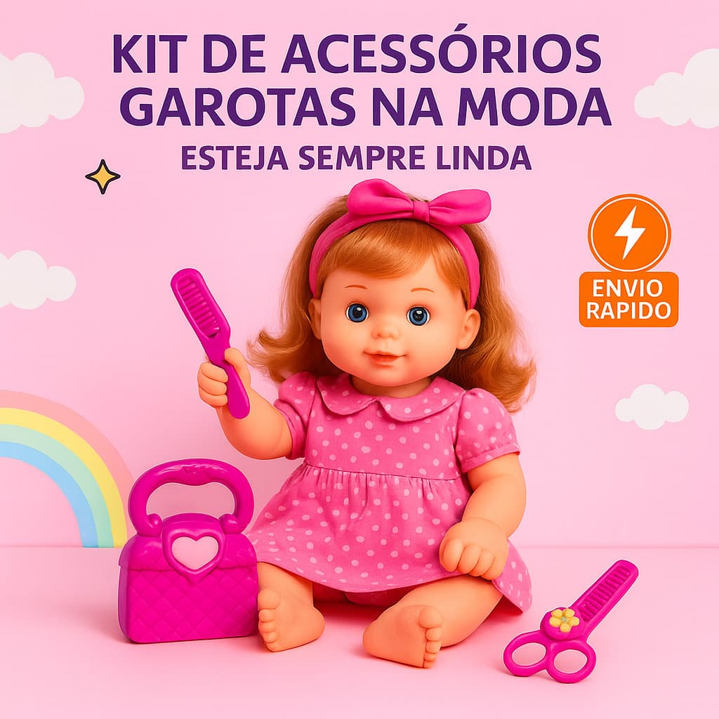 Brinquedo Kit de Acessórios Meninas e Bonecas na Moda – Bolsa, Espelho, Tesoura e Bob Crianças