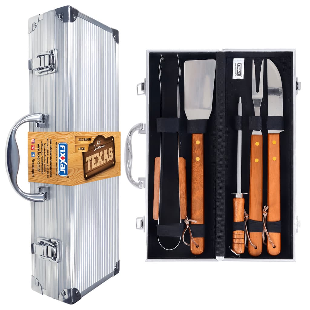 Kit Churrasco Texas Faqueiro Maleta Em Alumínio Garfo Faca Chaira Pegador Espatula Madeira