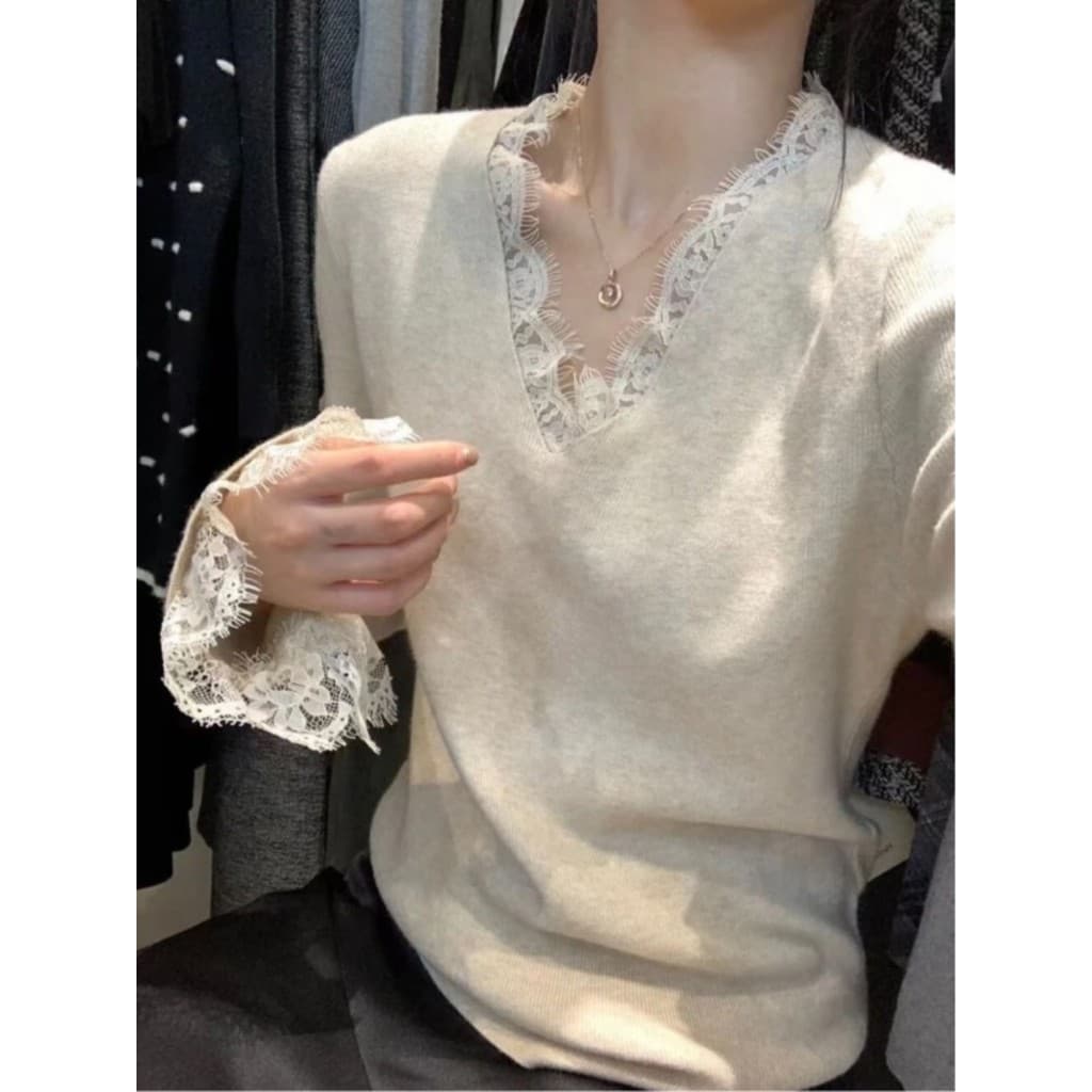 Plus Size roupas femininas gordura mm renda com decote em V camisola de manga comprida outono inverno 2026 novo estilo m