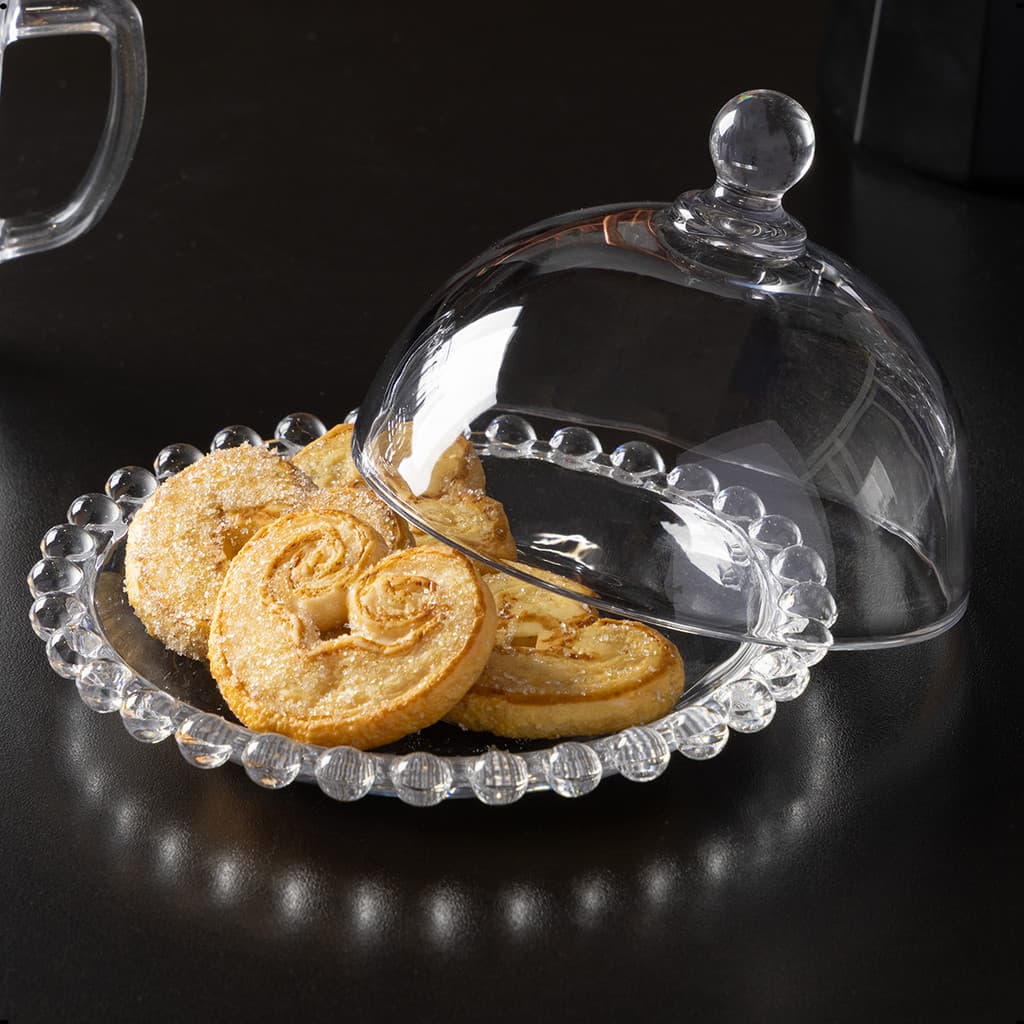 Mini Queijeira Prato para Doce com Tampa Vidro Cristal Pearl Wolf Porta Queijo Vidro Cristal