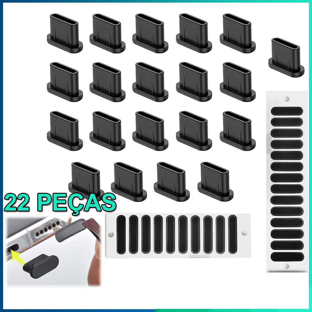 Kit 22peças Protetor de entrada Tipo C anti poeira Tampa proteção celular e notebook Preto