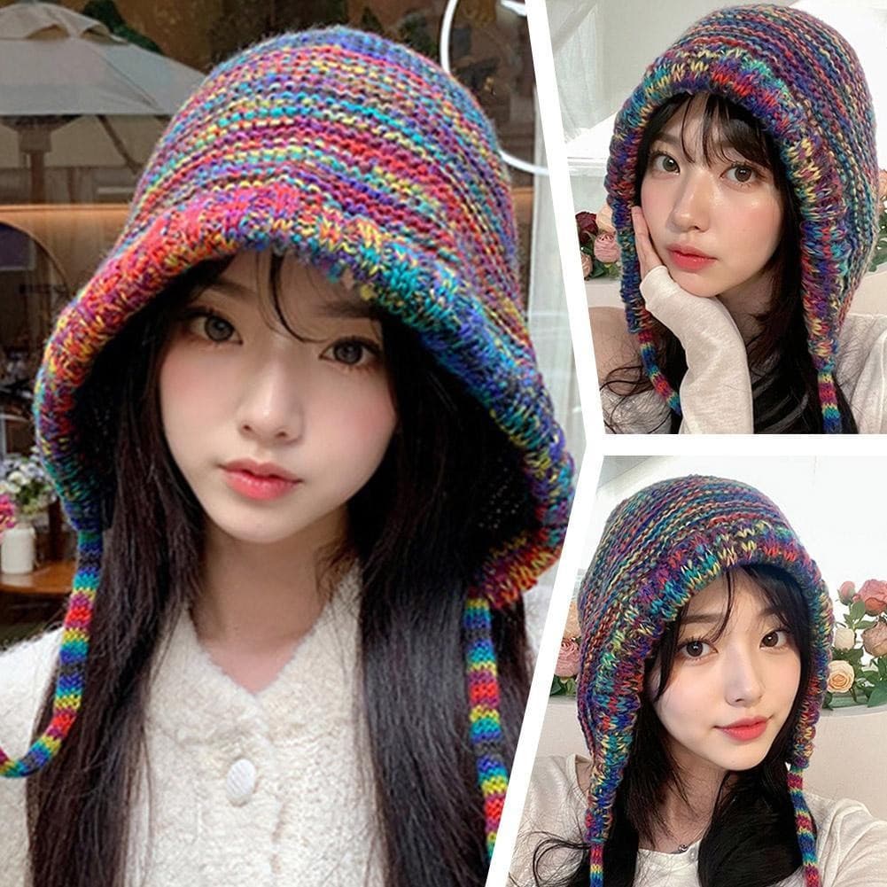 Adequado para chapéu feminino de malha com padrão arco-íris, cores brilhantes, calor, protetores de orelha, adequado par