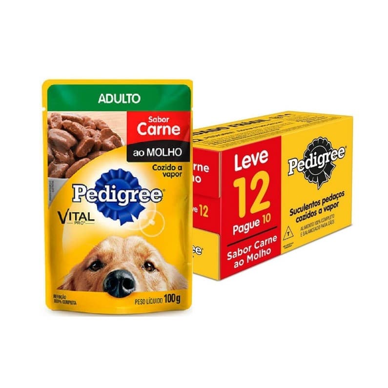 Kit 12 Ração Úmida Pedigree Sachê Cães Adultos Carne ao Molho 100g