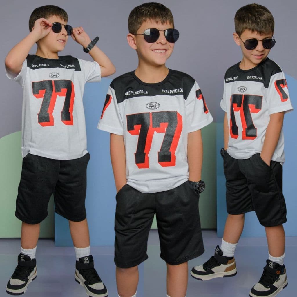 Conjunto Infantil Menino Juvenil Verão Estiloso bermuda e Blusa 100% algodão Veste Do 2 até 12 anos