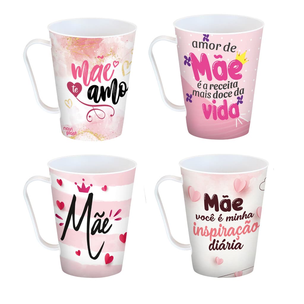 Kit 24 Canecas Estampada Dia das Mães Sortidas Plástico Branca Rosa Personalizada Presente Especial