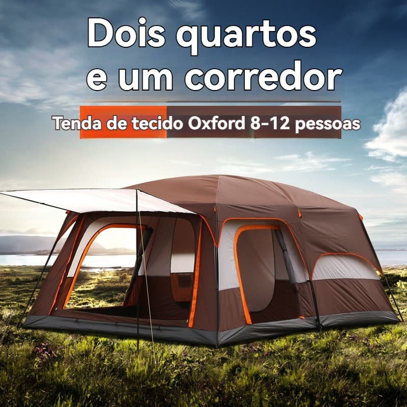 Barraca grande para camping ao ar livre com dois quartos e uma sala de estar, reforçada e à prova de chuva.
