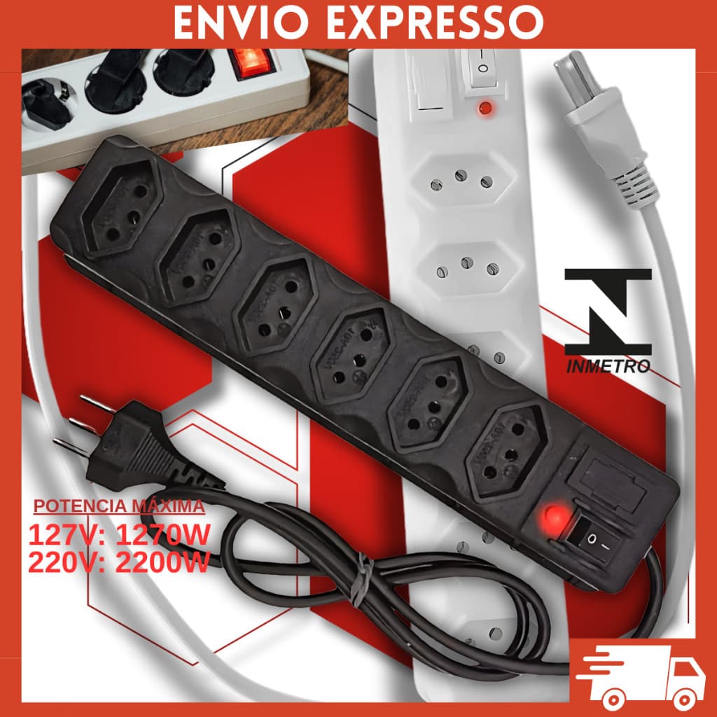 Filtro de Linha Elétrico 6 Tomadas Tripolar 10A Resistente com Fusível de Proteção