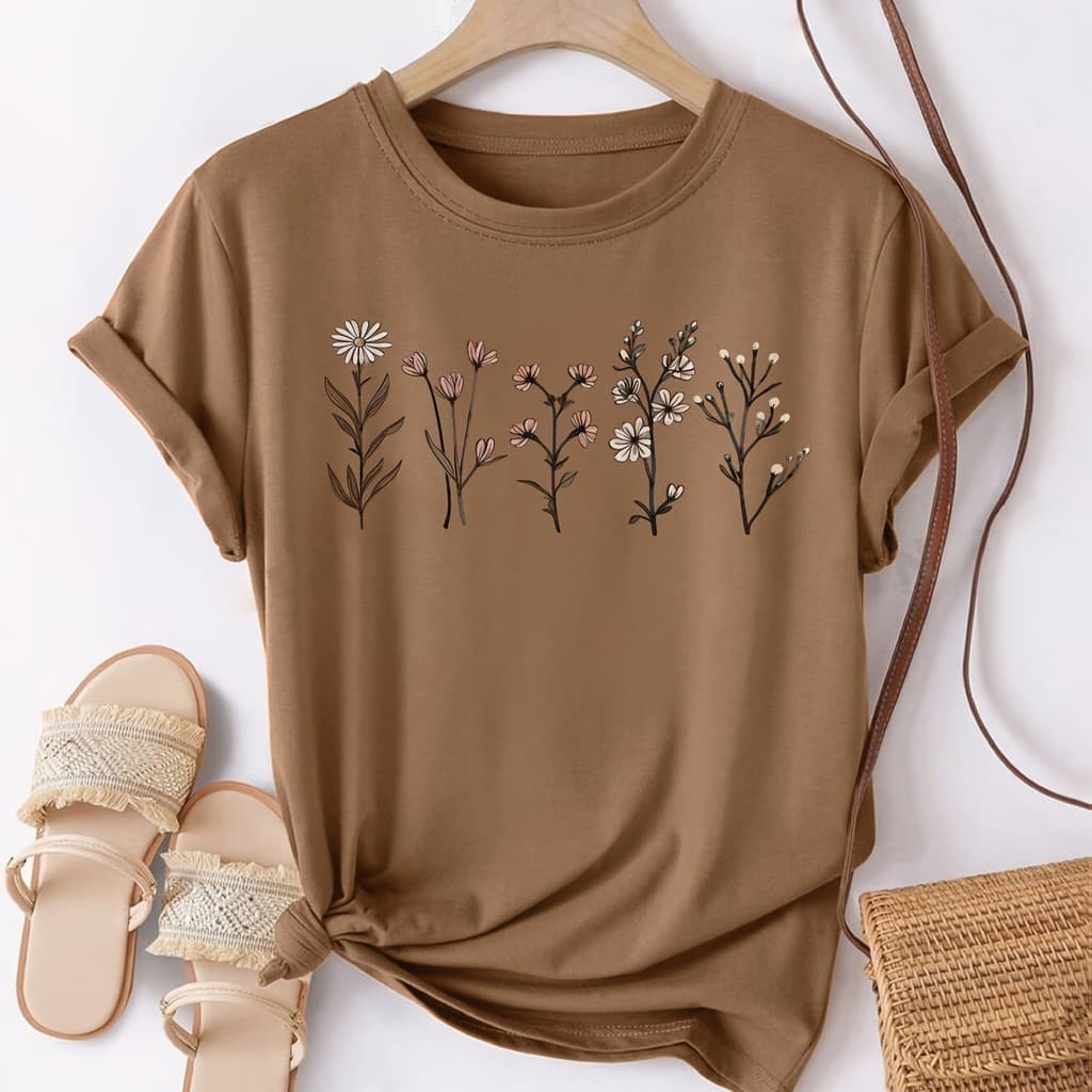 T-shirt 100% ALGODÃO de Mulher com Estampado Floral - CASUAL GOLA REDONDA