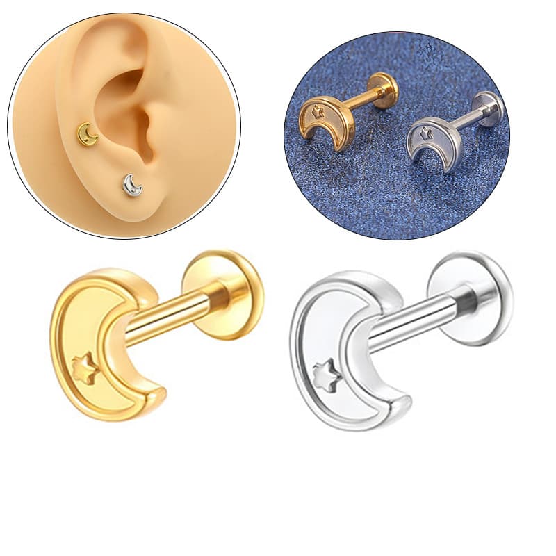 Brinco de Lua em Aço Inoxidável - Dourado e Prateado - Use como Piercing de Nariz ou Lábio