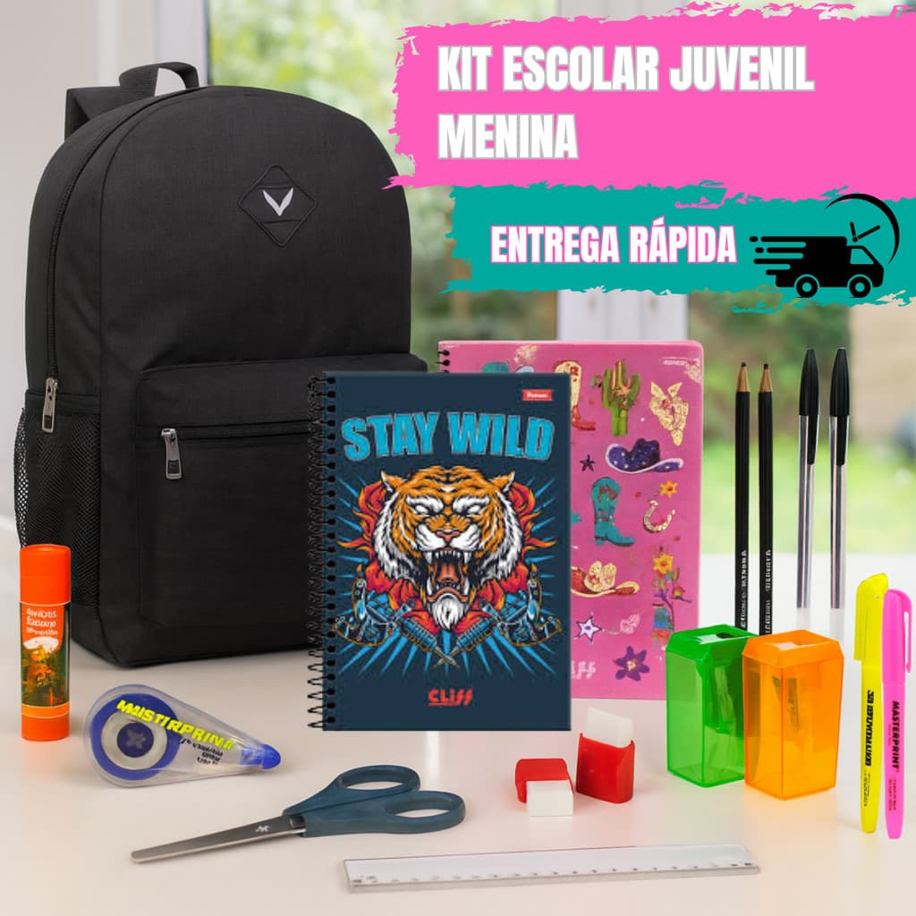 Kit Material Escolar Juvenil Volta as Aulas 2026 Feminino e Masculino Mochila Caderno Completo.