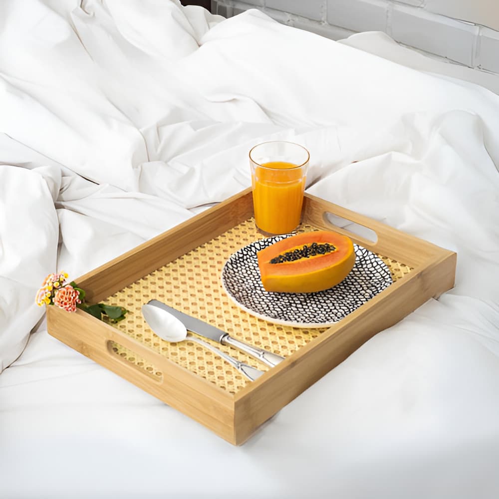 Bandeja Café Manhã De Bambu Com Rattan 35cm Bandeja decorativa bebidas