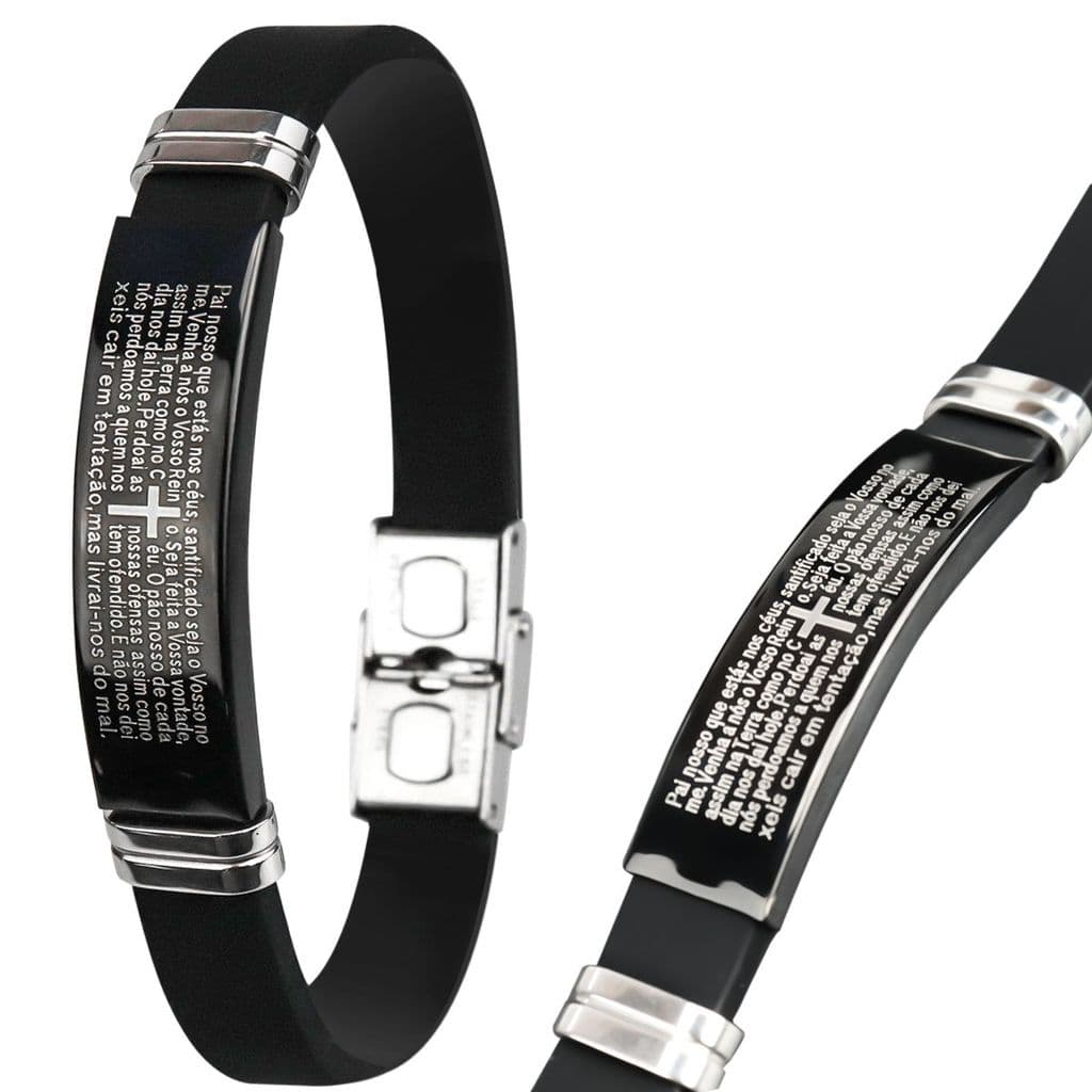 pulseira masculina silicone preta pai nosso oração placa religiosa estilosa qualidade premium social