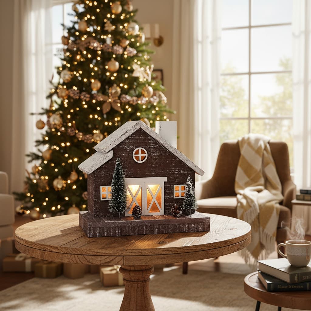 Presepio De Madeira Casinha de Led Decorativa Pinheiro Pinha Casa Rustica
