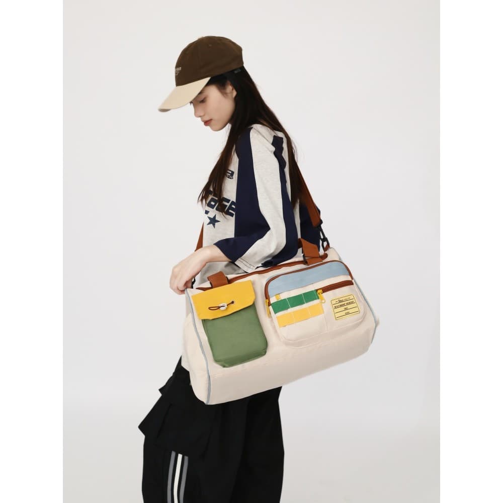 Bolsa de ginástica esportiva de cor contrastante, grande capacidade, portátil, curta distância, bolsa de viagem feminina