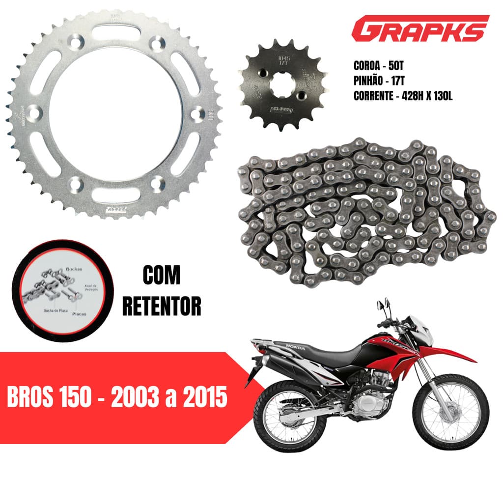 Kit Relação Transmissão Bros 150 com Retentor Anos 2003 a 2015 Aço 1045 Original Reforçada Grapks