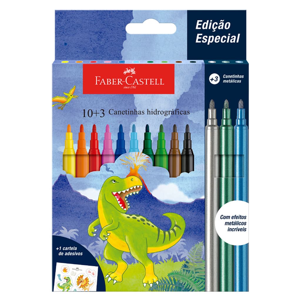 Canetinha Hidrográfica Faber-Castell Dinossauro 10 Cores Básicas + 3 Cores Com Glitter