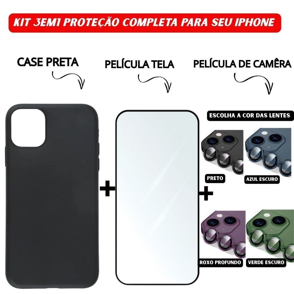 Kit Case Preto + Vidro Temperado 3D + Lente Colorida iPhone 11 12 13 14 15 16 Pro Max - ADH