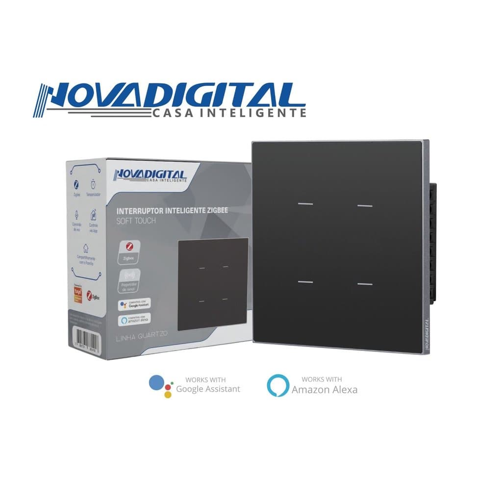 Interruptor Inteligente Zigbee Soft Touch 4 teclas Quartzo da NovaDigital QZ-4x4-04-B - PRETO