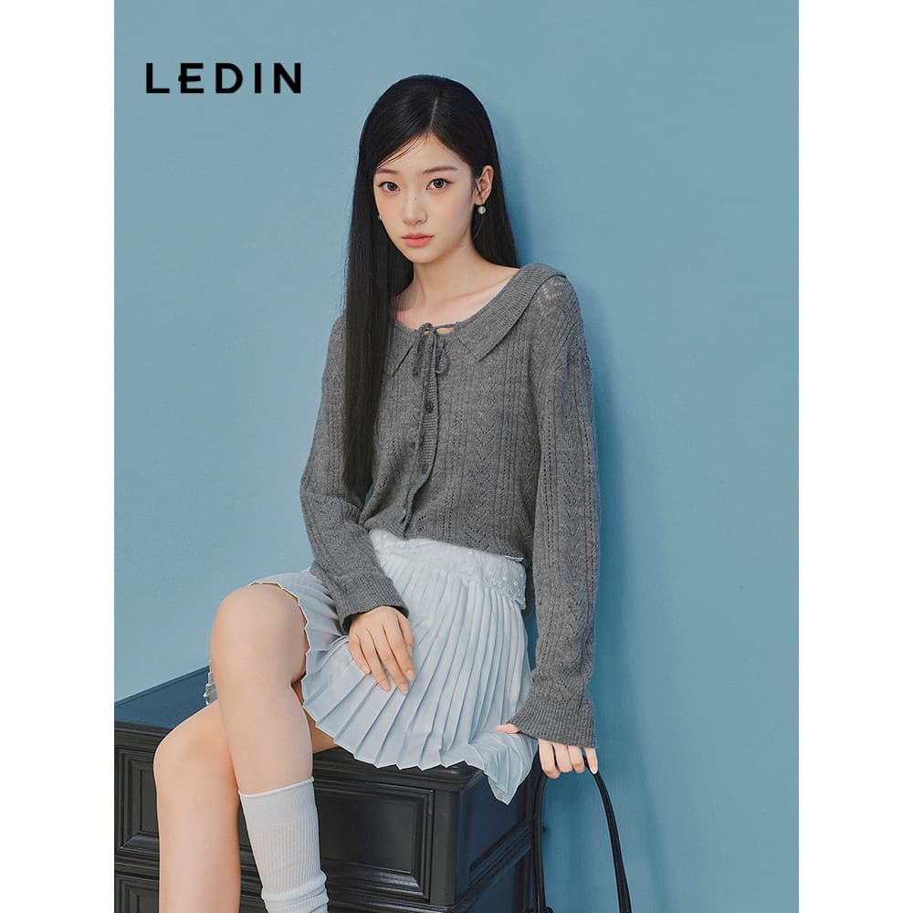 [Mesmo estilo no Shopping] Le Ding Sweet Lapel Laced-Up Knit Cardigan Primavera Novo Estilo Suéter Cinza C1EDF3431