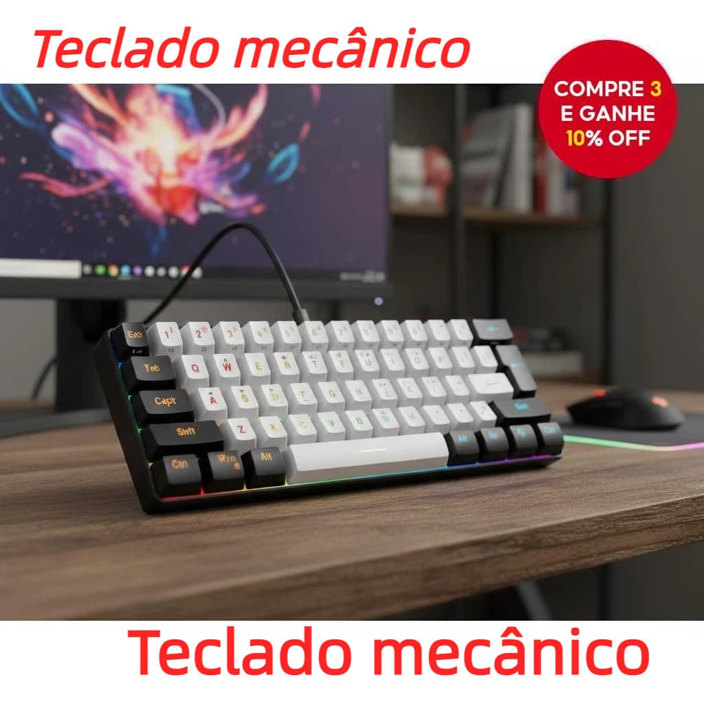 Teclado Mecânico Para Jogos De 61 Teclas Com Numérico RGB Backlighting Design Compacto Cabo USB-C Removível