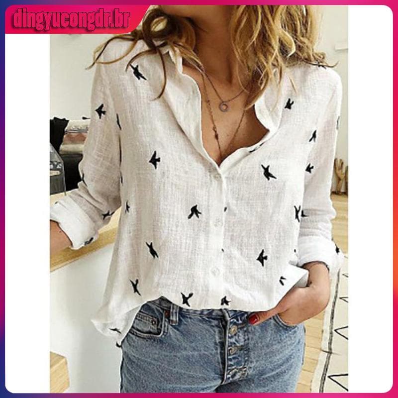 Mulheres Manga Longa Estampa Camisa De Linho Elegante Camisas De Escritório Primavera Casual Larga Plus Size Botão Tops