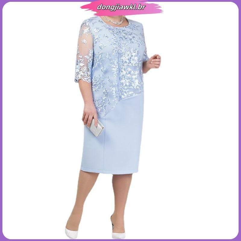 YYR-Vestido Midi Floral De Renda Com Manga Média Plus Size Para Festas