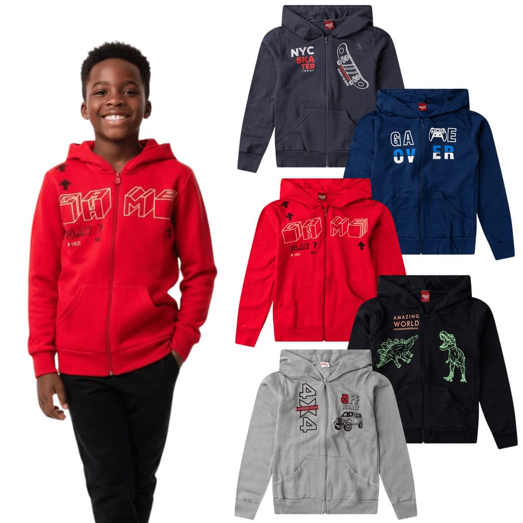 Kit 3 Jaquetas Infantil e Juvenil Masculina com Capuz, Zíper e Bolsos – Moletom Premium Quentinho | Casaco Menino