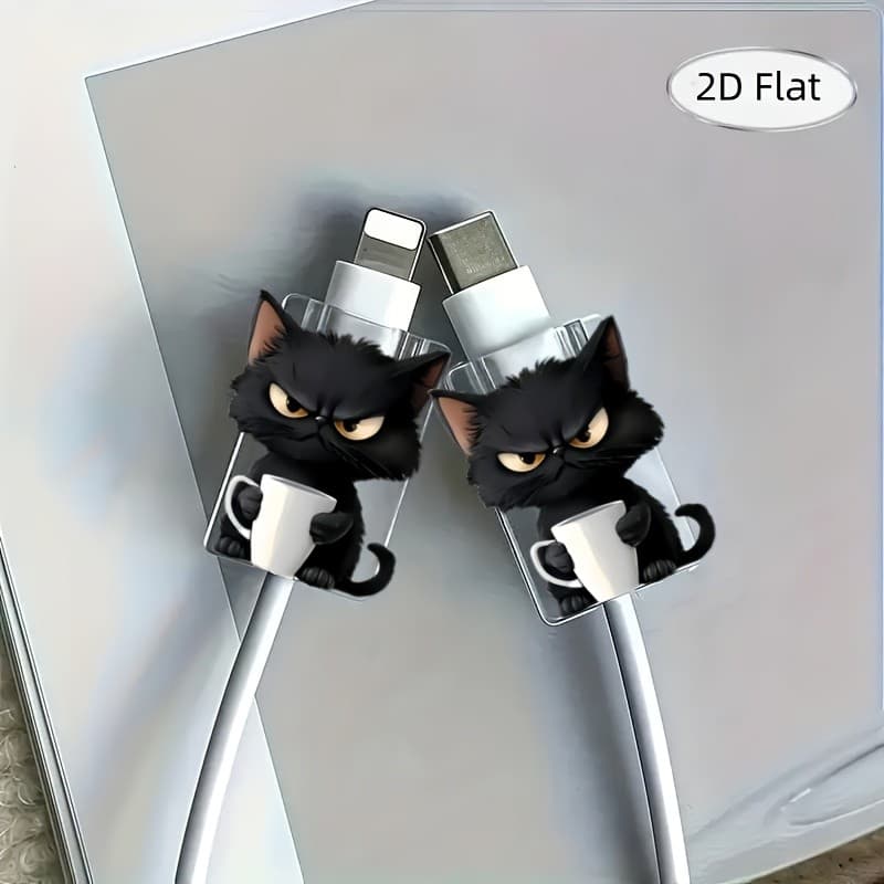2D Flat 2pcs Brincalhão Angry Black Cat Protetor De Cabo De Plástico Anti-Quebra Capa De Proteção Carregador