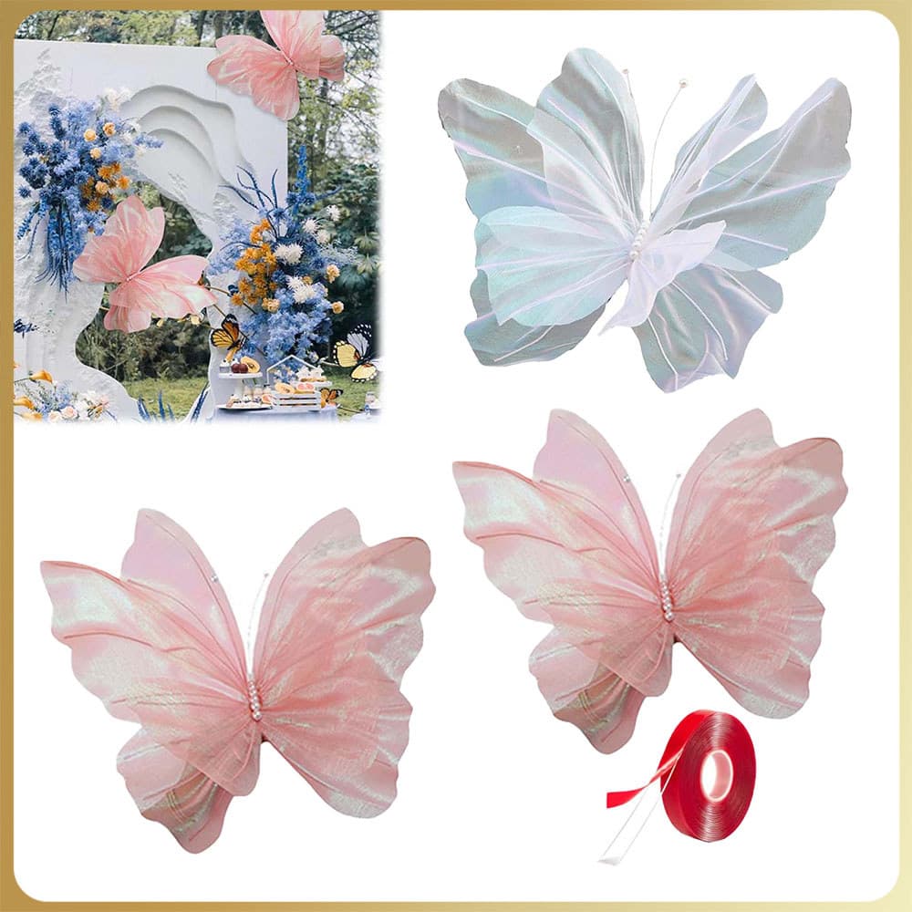 Kit 2 Borboletas artificiais de seda decorações com borboletas decoração para banquetes e capelas de casamento + Fita