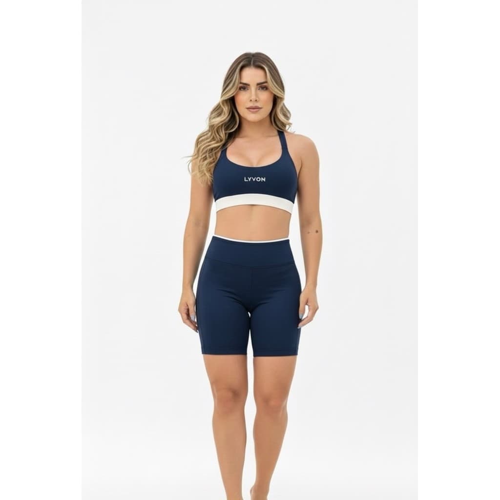 Conjunto Short E Top Bicolor Azul Marinho Roupa Academia Fitness